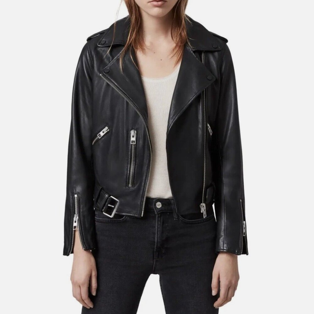 NWT All Saints Balfern Black Classic Leather Biker Jacket US 4 UK 8 Small